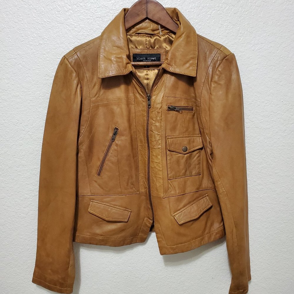Black Rivet Leather Jacket Tan zip up moto